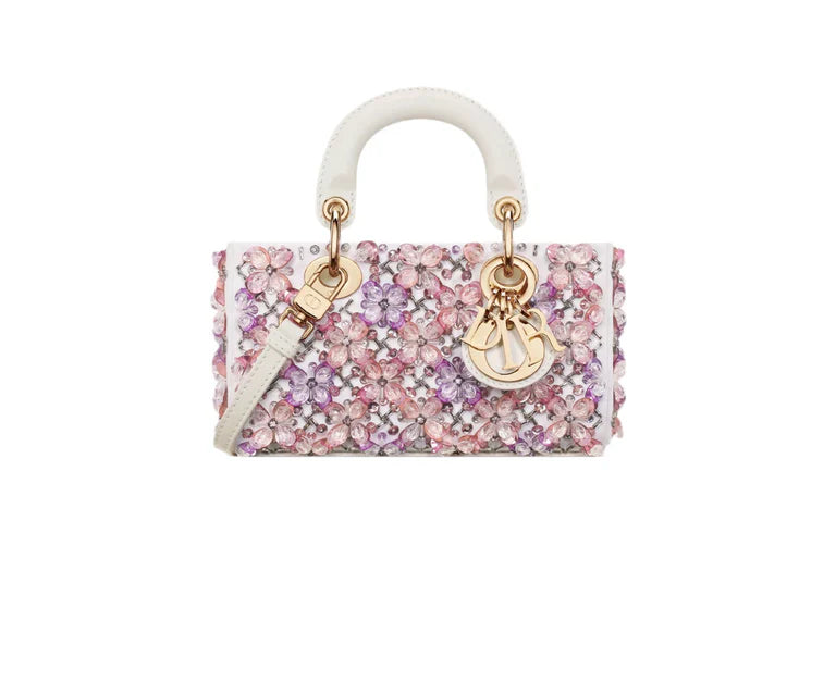 Bolso Dior Lady D-Joy Micro – cuero de becerro blanco con bordado floral rosa y strass 18