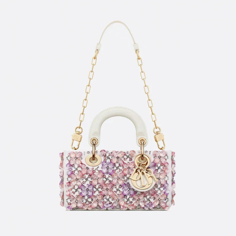Bolso Dior Lady D-Joy Micro – cuero de becerro blanco con bordado floral rosa y strass 18