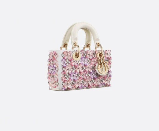 Bolso Dior Lady D-Joy Micro – cuero de becerro blanco con bordado floral rosa y strass 18